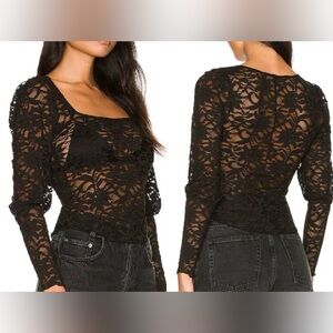 Free People Long Distance Layering Sheer Black Lace Top Sz Small Black